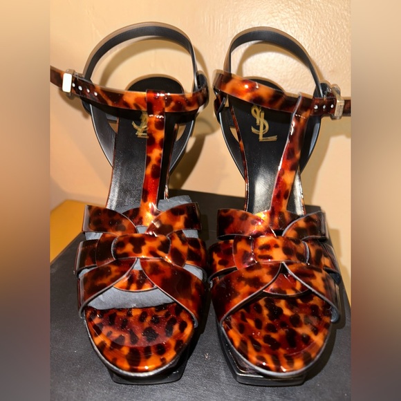 Saint Laurent Tribute 105 Tortoise-Print Patent Platform Stiletto Sandal - Picture 1 of 3